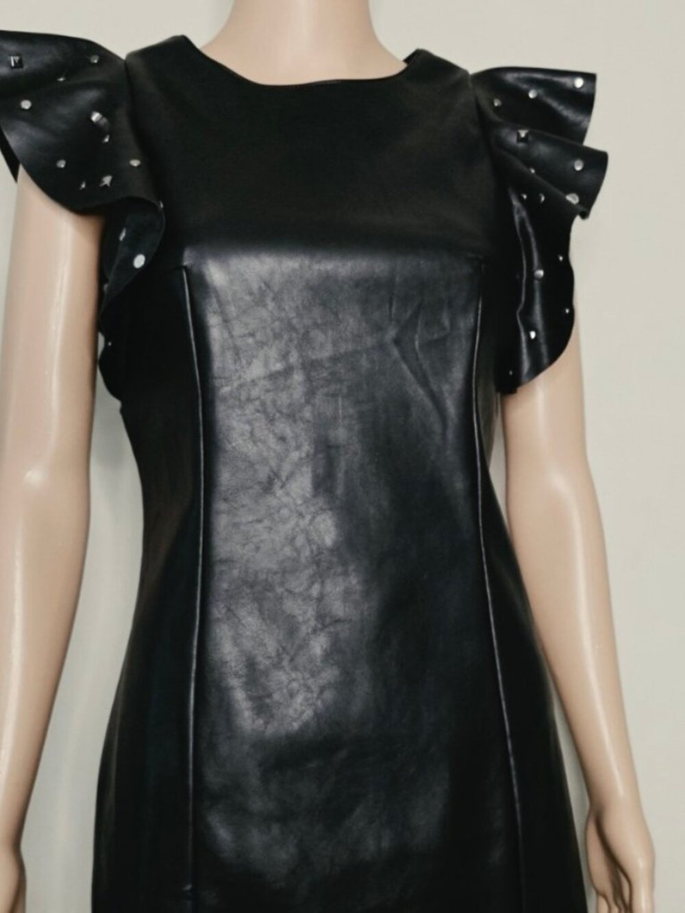 NWT Avara Black Faux Leather Dress Studded Sleeves, size Small